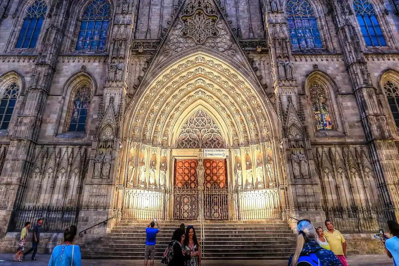 The illuminated facade of Barcelona Cathedral