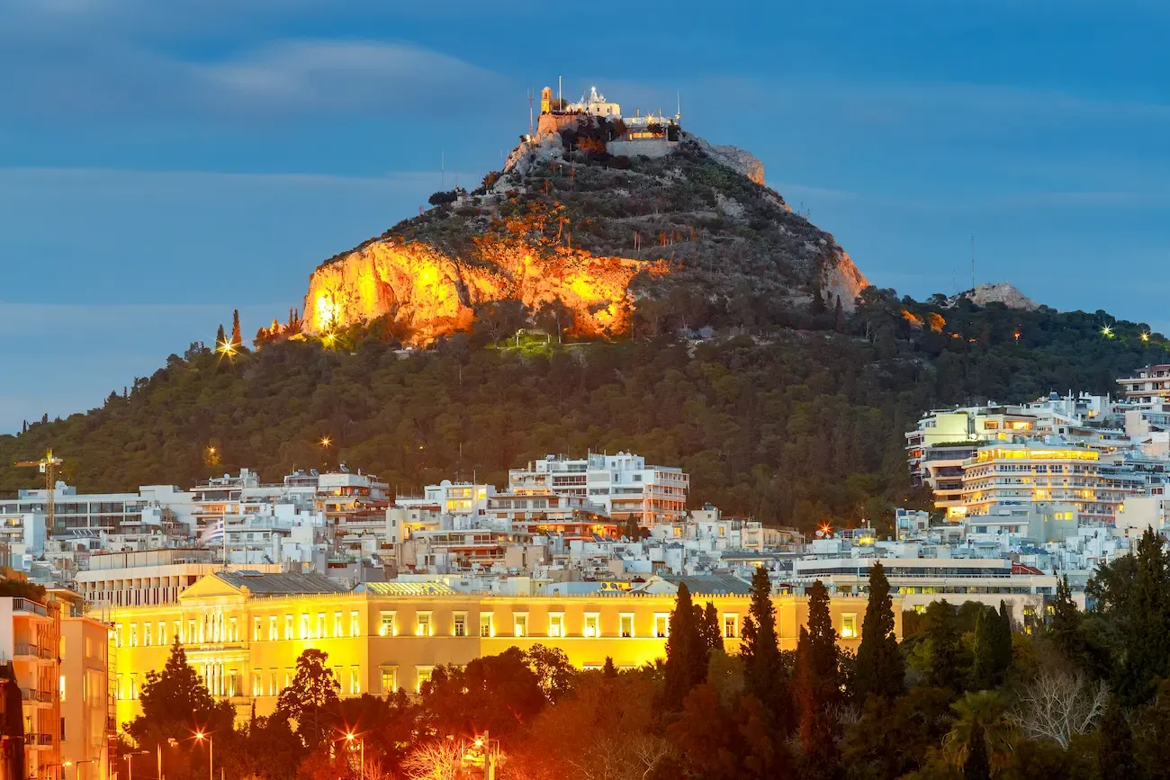 mount lycabettus hill at night